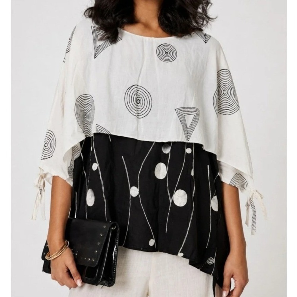 Radzoli L Black White Geometric Embroidered Tunic Top Lagenlook Avant Garde Boho